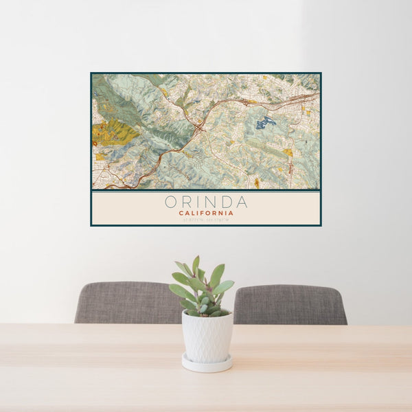 24x36 Orinda California Map Print Lanscape Orientation in Woodblock Style Behind 2 Chairs Table and Potted Plant