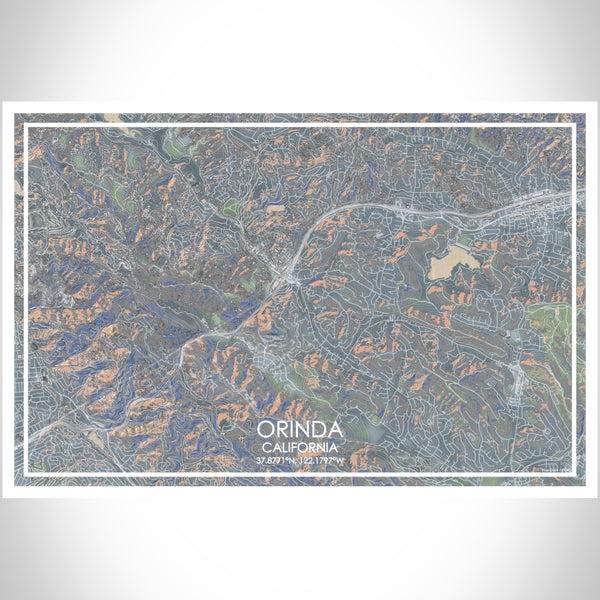 Orinda California Map Print Landscape Orientation in Afternoon Style With Shaded Background