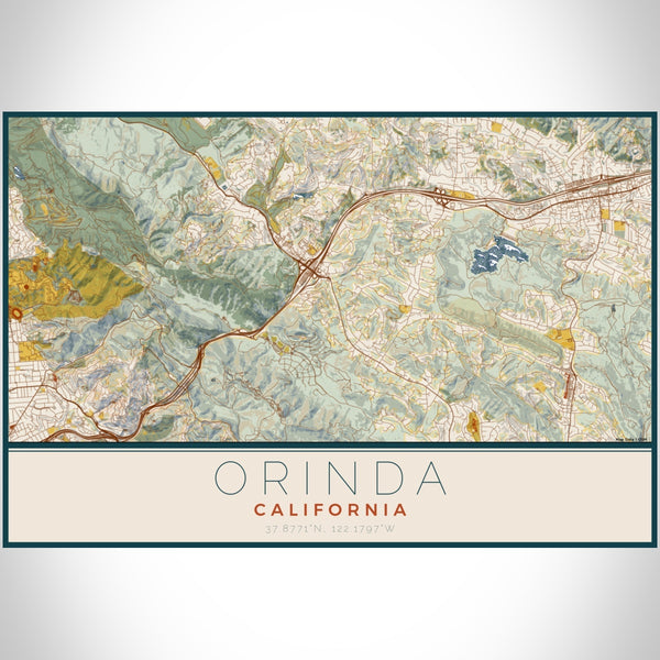 Orinda California Map Print Landscape Orientation in Woodblock Style With Shaded Background