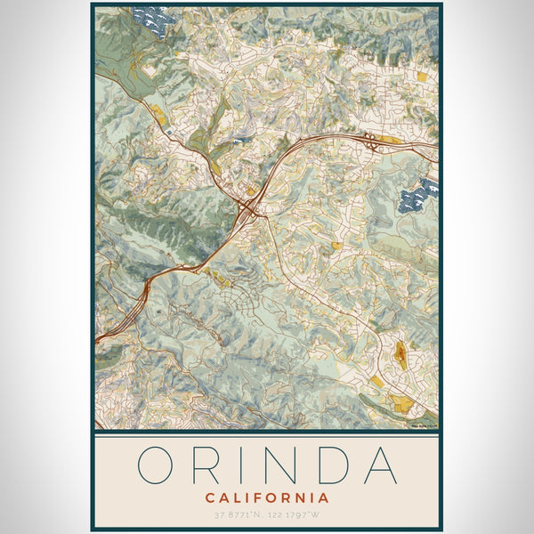 Orinda California Map Print Portrait Orientation in Woodblock Style With Shaded Background