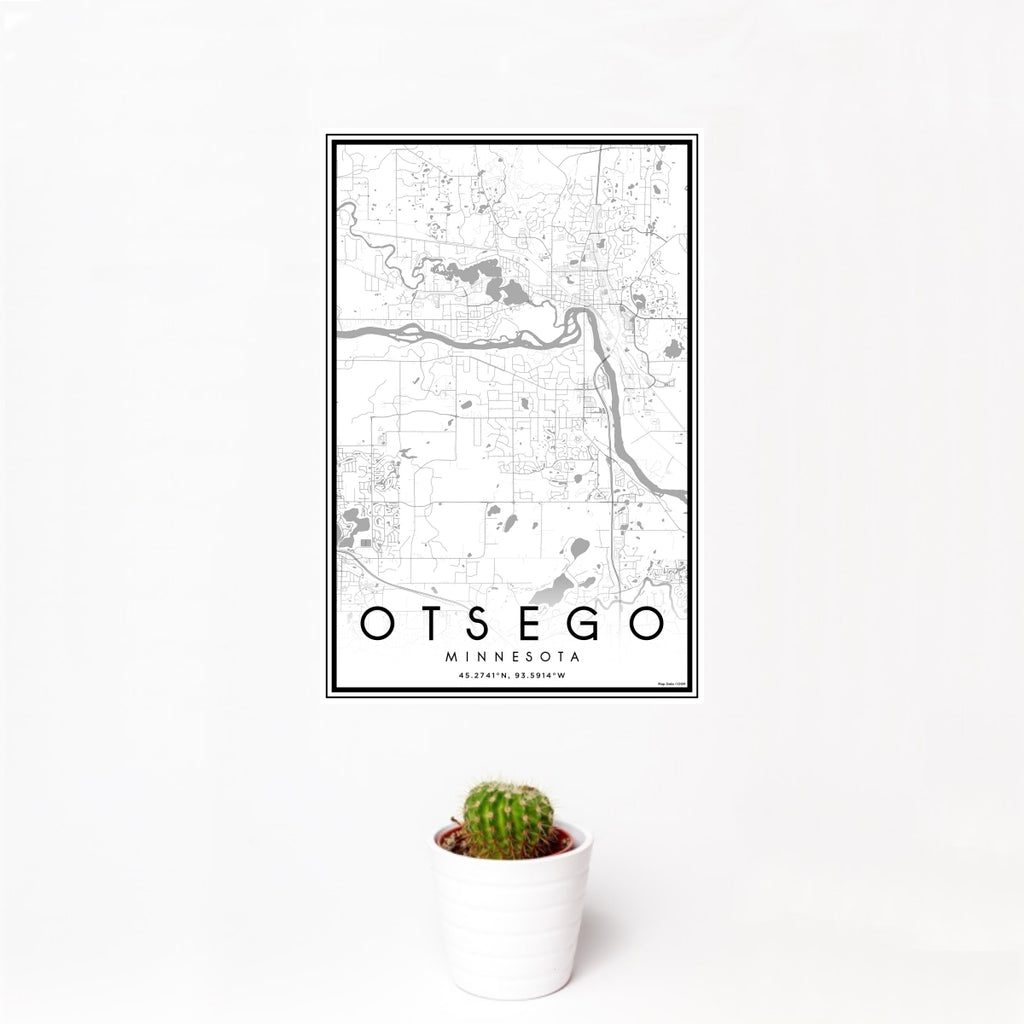 12x18 Otsego Minnesota Map Print Portrait Orientation in Classic Style With Small Cactus Plant in White Planter