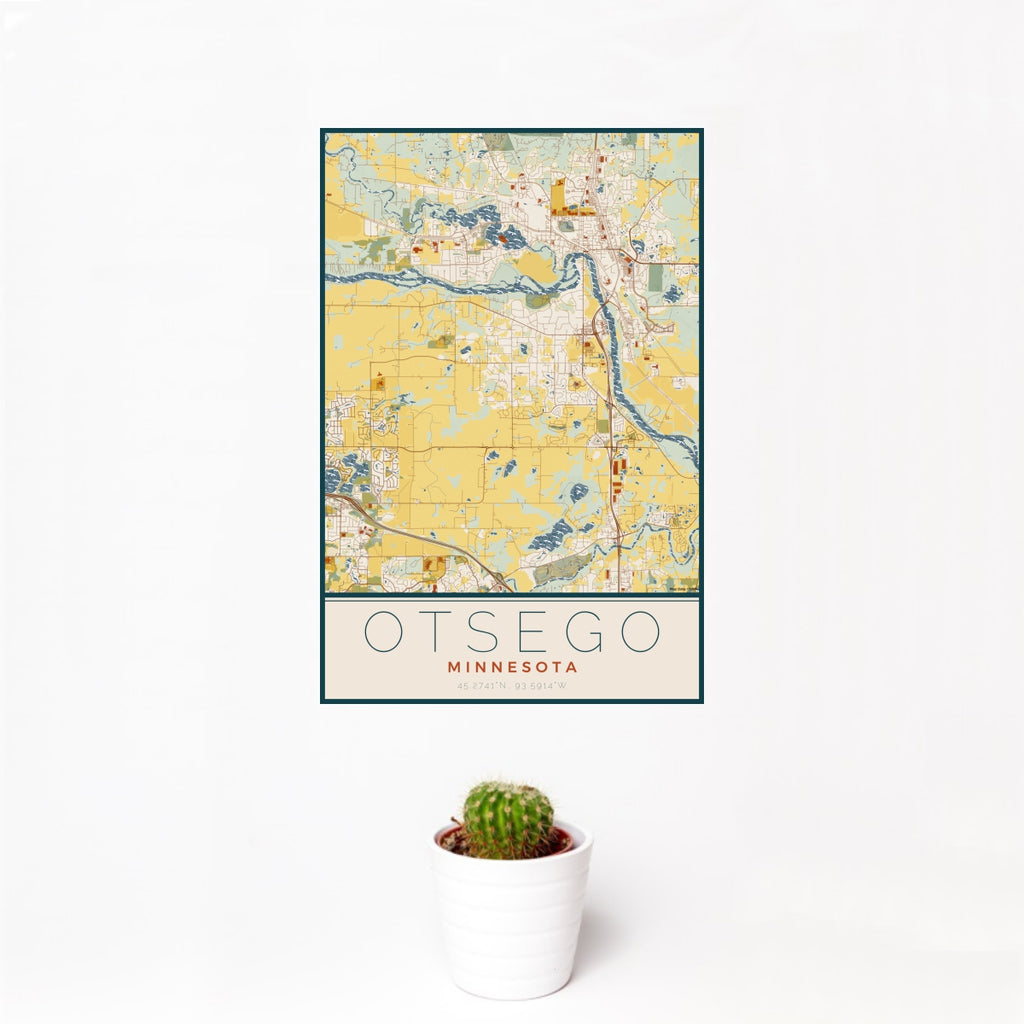 12x18 Otsego Minnesota Map Print Portrait Orientation in Woodblock Style With Small Cactus Plant in White Planter