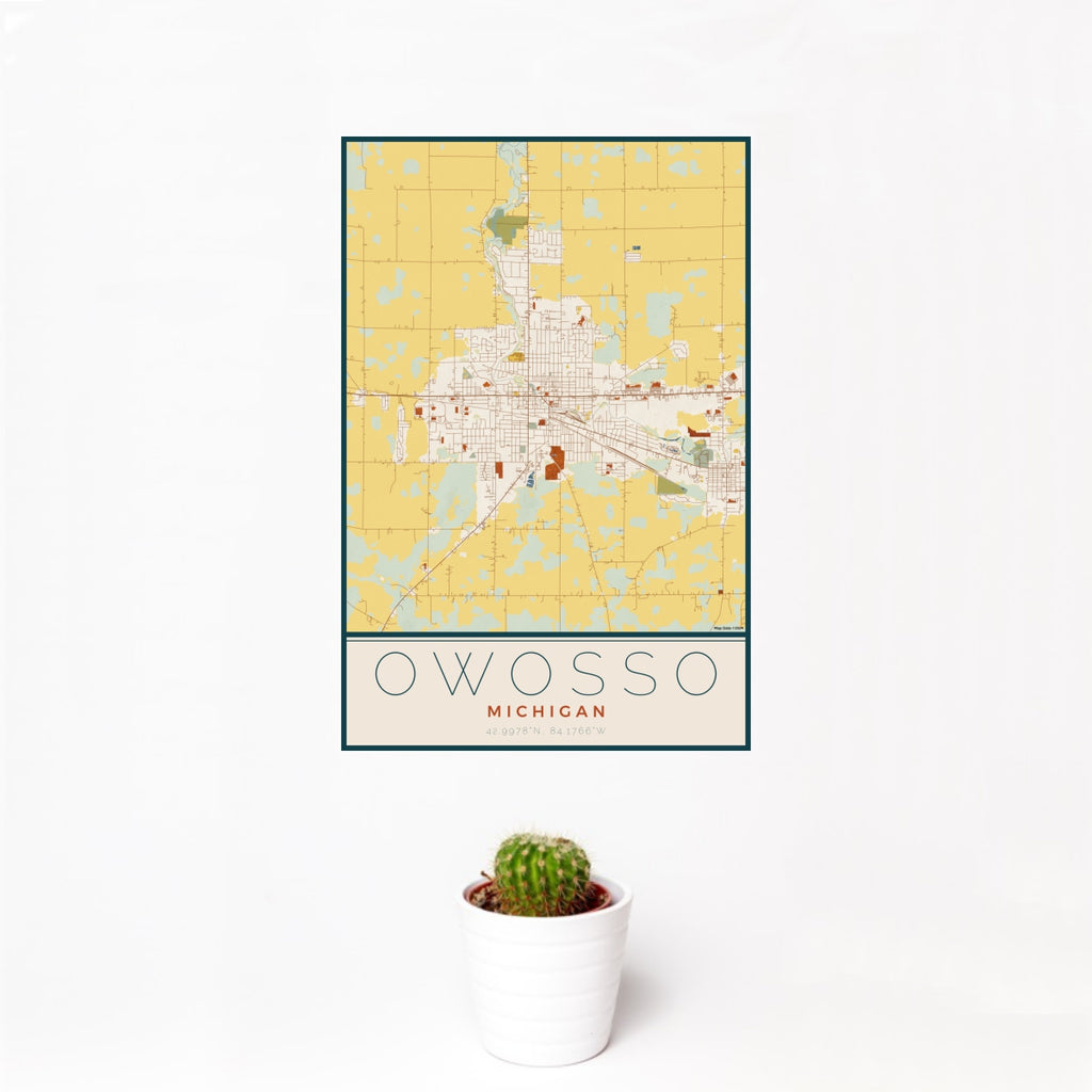 12x18 Owosso Michigan Map Print Portrait Orientation in Woodblock Style With Small Cactus Plant in White Planter