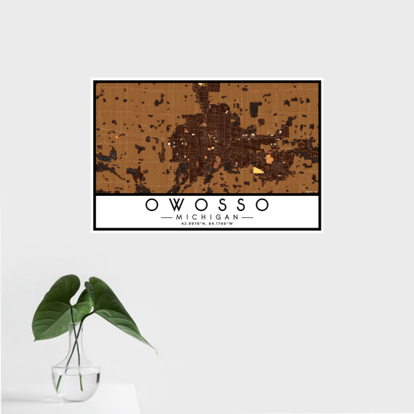 16x24 Owosso Michigan Map Print Landscape Orientation in Ember Style With Tropical Plant Leaves in Water