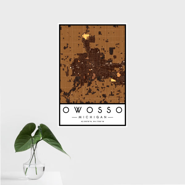 16x24 Owosso Michigan Map Print Portrait Orientation in Ember Style With Tropical Plant Leaves in Water