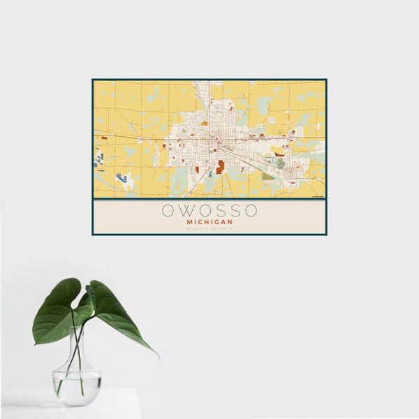 16x24 Owosso Michigan Map Print Landscape Orientation in Woodblock Style With Tropical Plant Leaves in Water
