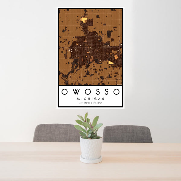 24x36 Owosso Michigan Map Print Portrait Orientation in Ember Style Behind 2 Chairs Table and Potted Plant