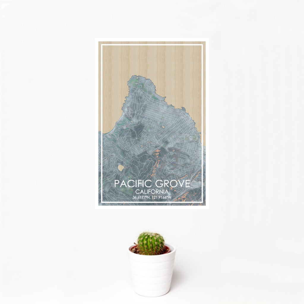 12x18 Pacific Grove California Map Print Portrait Orientation in Afternoon Style With Small Cactus Plant in White Planter