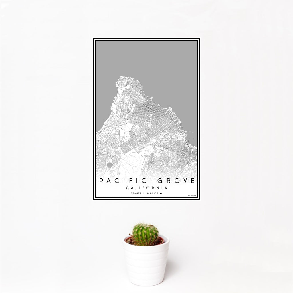 12x18 Pacific Grove California Map Print Portrait Orientation in Classic Style With Small Cactus Plant in White Planter