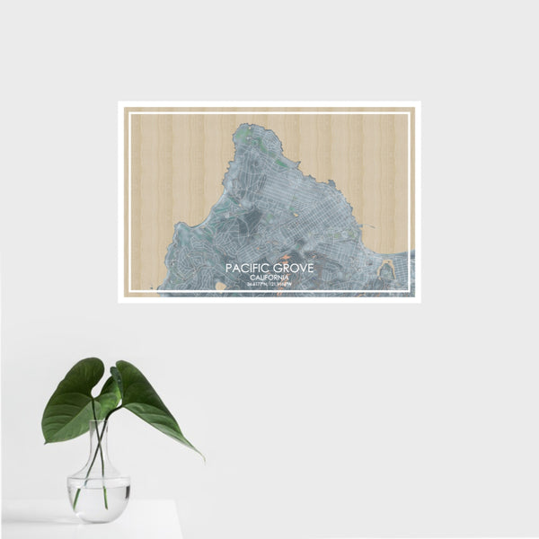 16x24 Pacific Grove California Map Print Landscape Orientation in Afternoon Style With Tropical Plant Leaves in Water