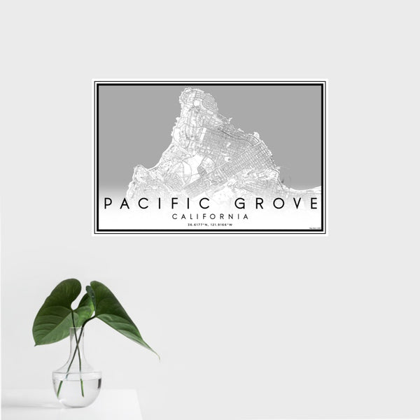 16x24 Pacific Grove California Map Print Landscape Orientation in Classic Style With Tropical Plant Leaves in Water