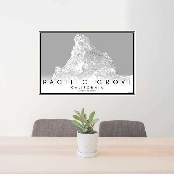 24x36 Pacific Grove California Map Print Lanscape Orientation in Classic Style Behind 2 Chairs Table and Potted Plant