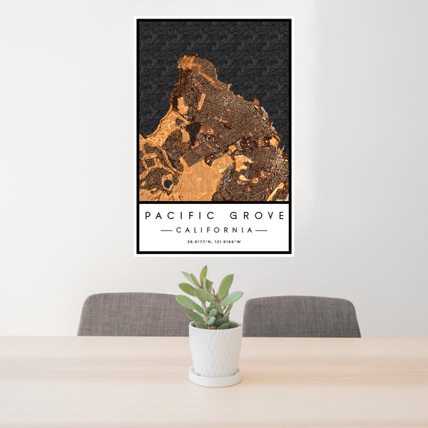 24x36 Pacific Grove California Map Print Portrait Orientation in Ember Style Behind 2 Chairs Table and Potted Plant