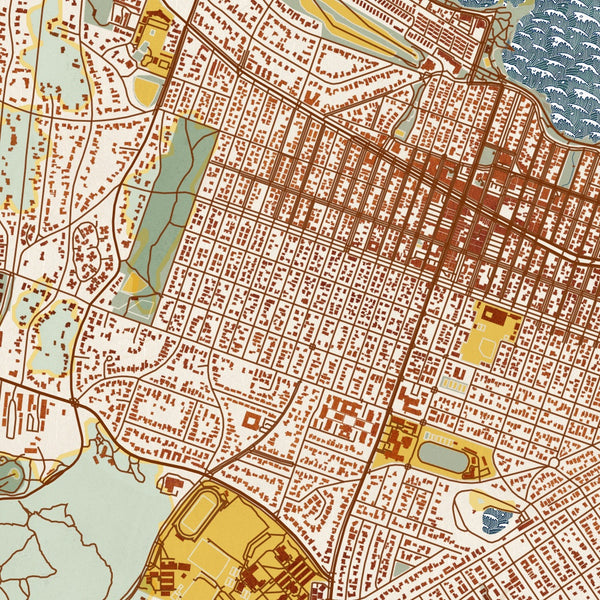 Pacific Grove California Map Print in Woodblock Style Zoomed In Close Up Showing Details