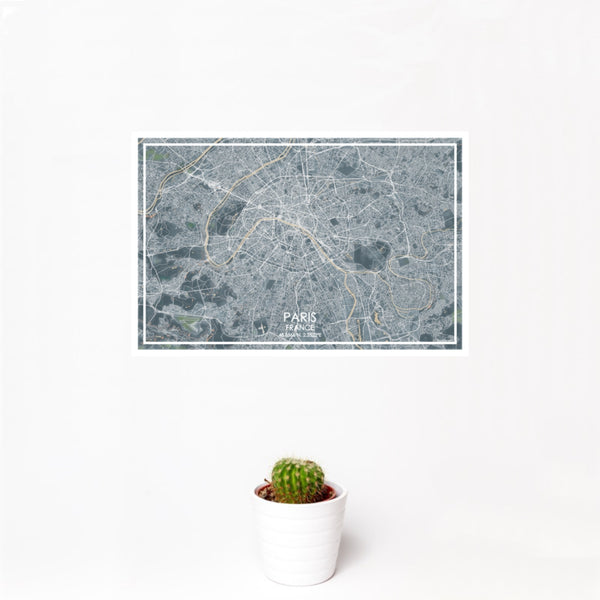 12x18 Paris France Map Print Landscape Orientation in Afternoon Style With Small Cactus Plant in White Planter