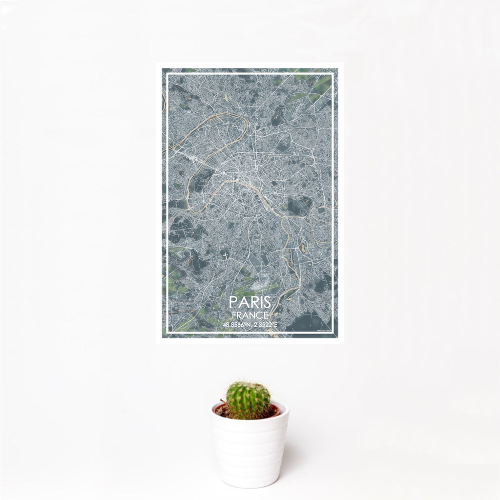 12x18 Paris France Map Print Portrait Orientation in Afternoon Style With Small Cactus Plant in White Planter