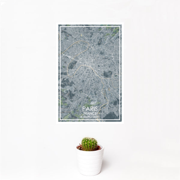 12x18 Paris France Map Print Portrait Orientation in Afternoon Style With Small Cactus Plant in White Planter