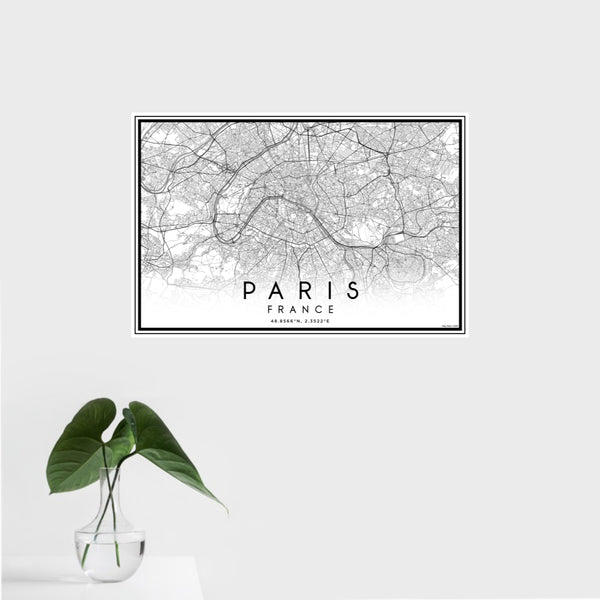 16x24 Paris France Map Print Landscape Orientation in Classic Style With Tropical Plant Leaves in Water