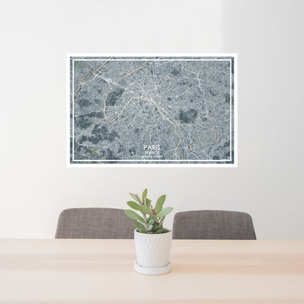 24x36 Paris France Map Print Lanscape Orientation in Afternoon Style Behind 2 Chairs Table and Potted Plant