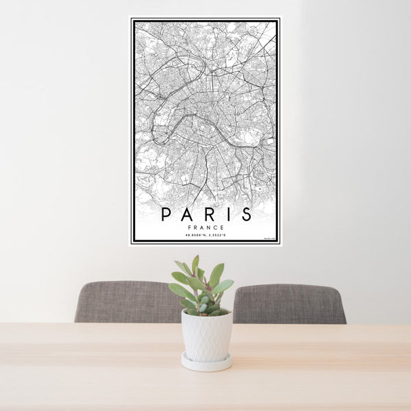 24x36 Paris France Map Print Portrait Orientation in Classic Style Behind 2 Chairs Table and Potted Plant