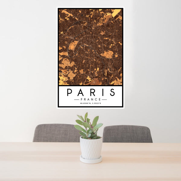24x36 Paris France Map Print Portrait Orientation in Ember Style Behind 2 Chairs Table and Potted Plant