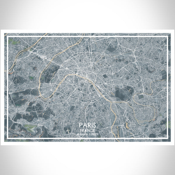 Paris France Map Print Landscape Orientation in Afternoon Style With Shaded Background