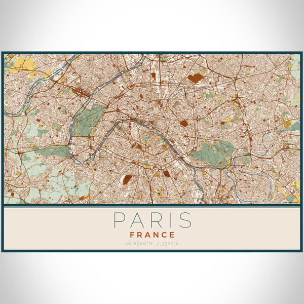 Paris France Map Print Landscape Orientation in Woodblock Style With Shaded Background