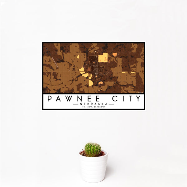 12x18 Pawnee City Nebraska Map Print Landscape Orientation in Ember Style With Small Cactus Plant in White Planter