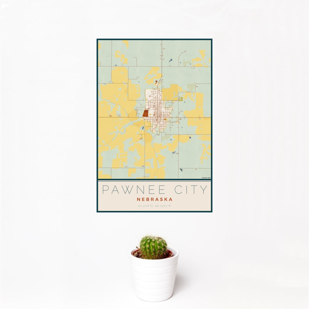 12x18 Pawnee City Nebraska Map Print Portrait Orientation in Woodblock Style With Small Cactus Plant in White Planter