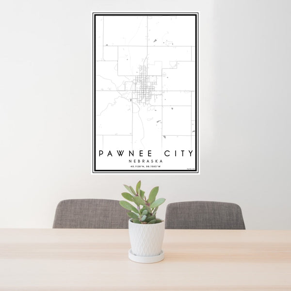24x36 Pawnee City Nebraska Map Print Portrait Orientation in Classic Style Behind 2 Chairs Table and Potted Plant