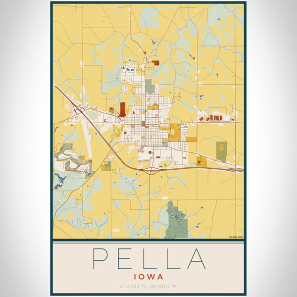 Pella Iowa Map Print Portrait Orientation in Woodblock Style With Shaded Background