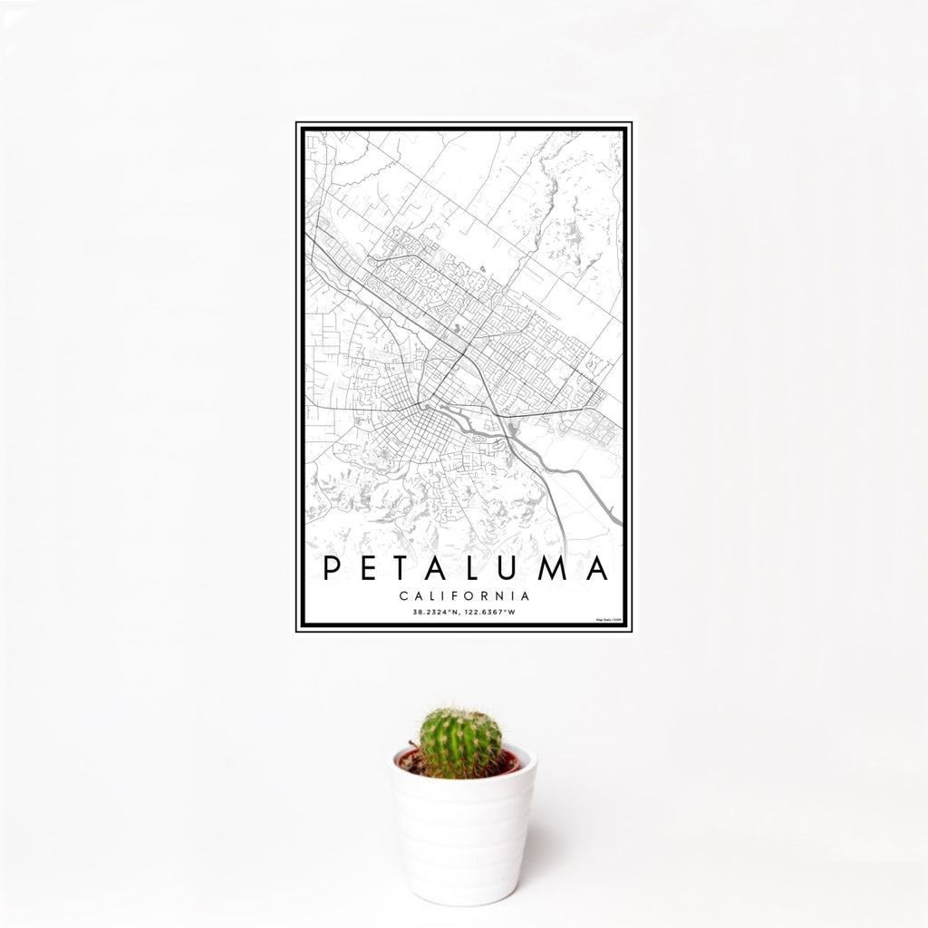 12x18 Petaluma California Map Print Portrait Orientation in Classic Style With Small Cactus Plant in White Planter