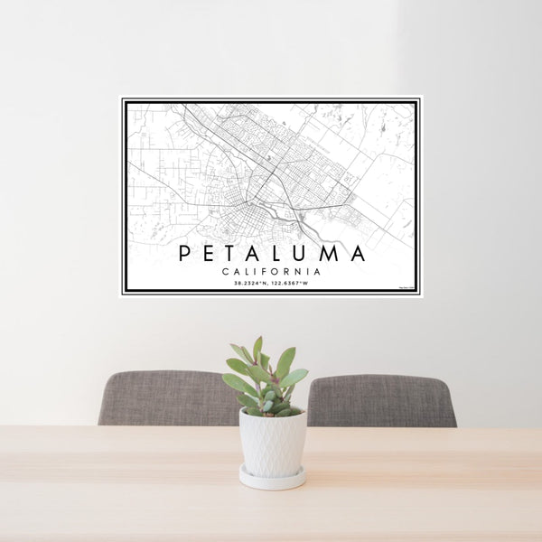 24x36 Petaluma California Map Print Landscape Orientation in Classic Style Behind 2 Chairs Table and Potted Plant