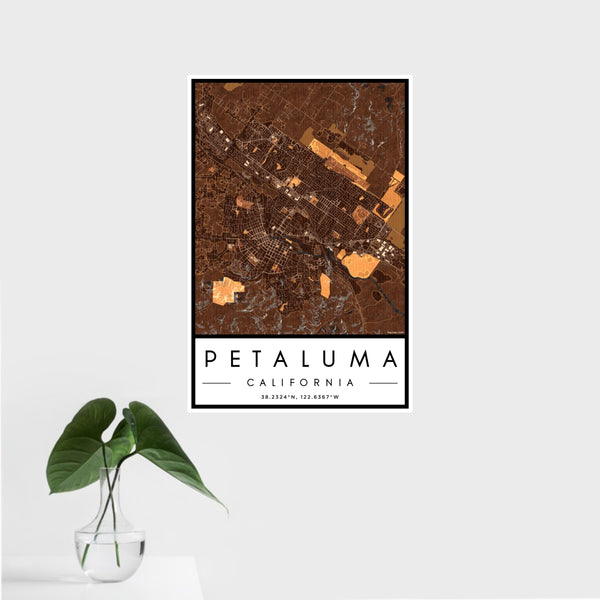 16x24 Petaluma California Map Print Portrait Orientation in Ember Style With Tropical Plant Leaves in Water