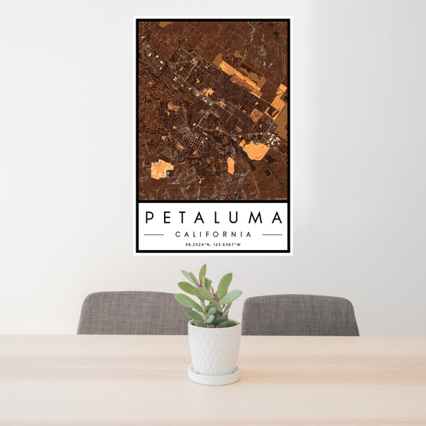 24x36 Petaluma California Map Print Portrait Orientation in Ember Style Behind 2 Chairs Table and Potted Plant