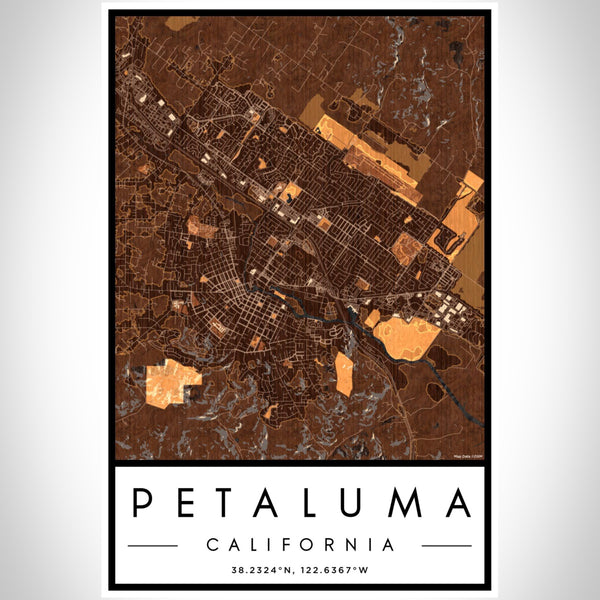 Petaluma California Map Print Portrait Orientation in Ember Style With Shaded Background