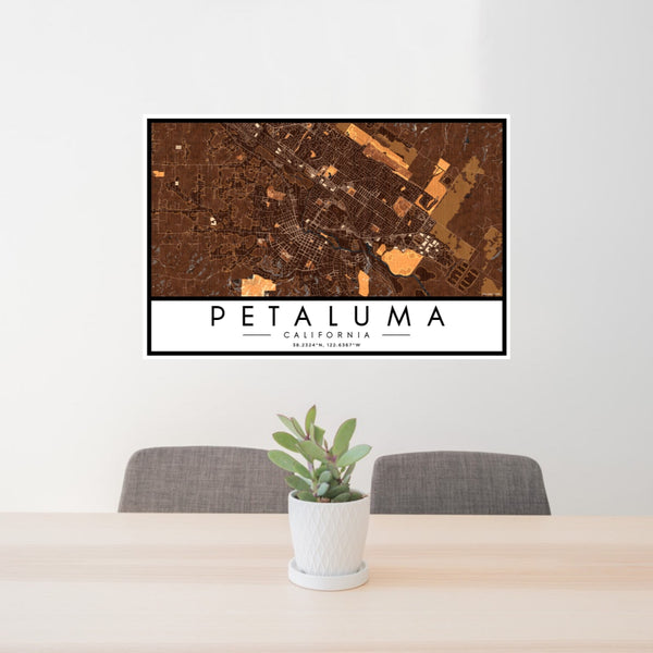 24x36 Petaluma California Map Print Landscape Orientation in Ember Style Behind 2 Chairs Table and Potted Plant