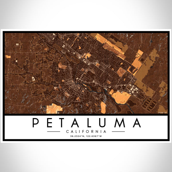 Petaluma California Map Print Landscape Orientation in Ember Style With Shaded Background