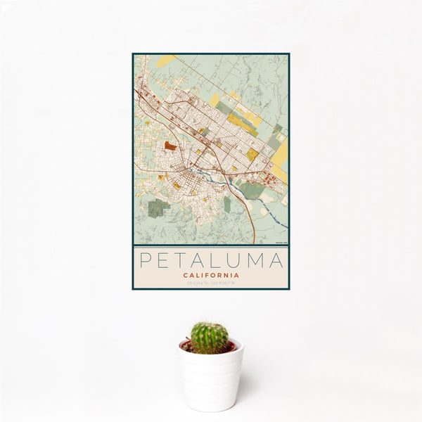 12x18 Petaluma California Map Print Portrait Orientation in Woodblock Style With Small Cactus Plant in White Planter