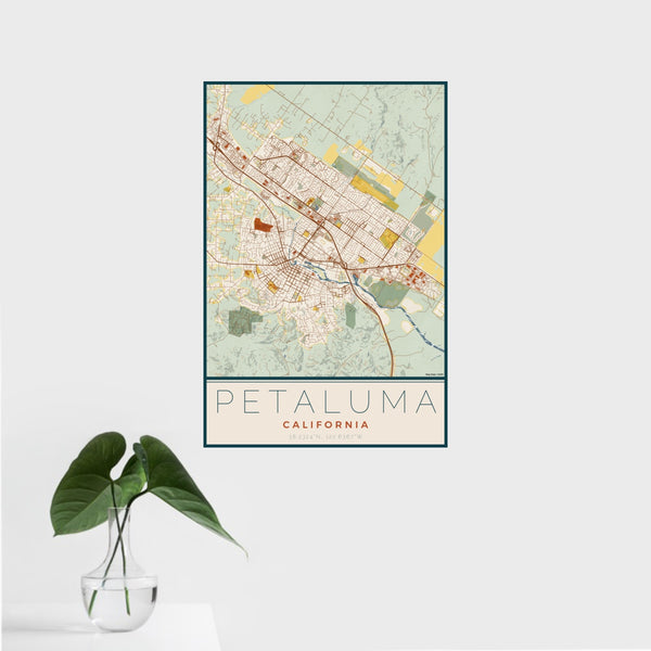 16x24 Petaluma California Map Print Portrait Orientation in Woodblock Style With Tropical Plant Leaves in Water