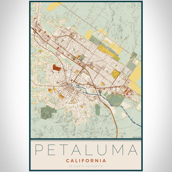 Petaluma California Map Print Portrait Orientation in Woodblock Style With Shaded Background