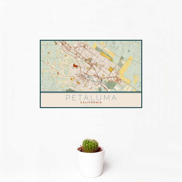 12x18 Petaluma California Map Print Landscape Orientation in Woodblock Style With Small Cactus Plant in White Planter
