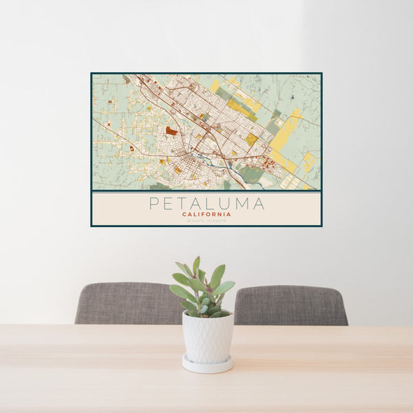 24x36 Petaluma California Map Print Landscape Orientation in Woodblock Style Behind 2 Chairs Table and Potted Plant