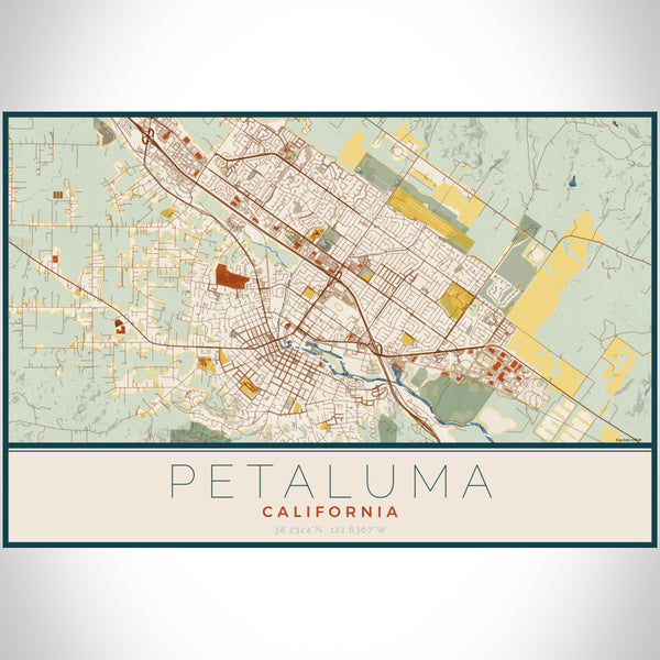 Petaluma California Map Print Landscape Orientation in Woodblock Style With Shaded Background