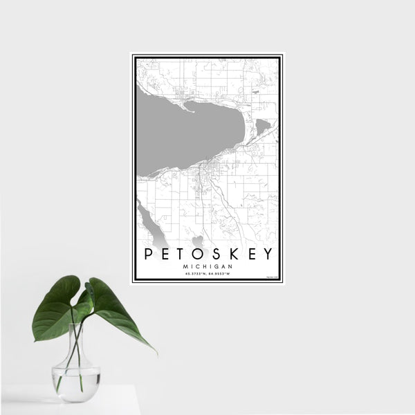 16x24 Petoskey Michigan Map Print Portrait Orientation in Classic Style With Tropical Plant Leaves in Water