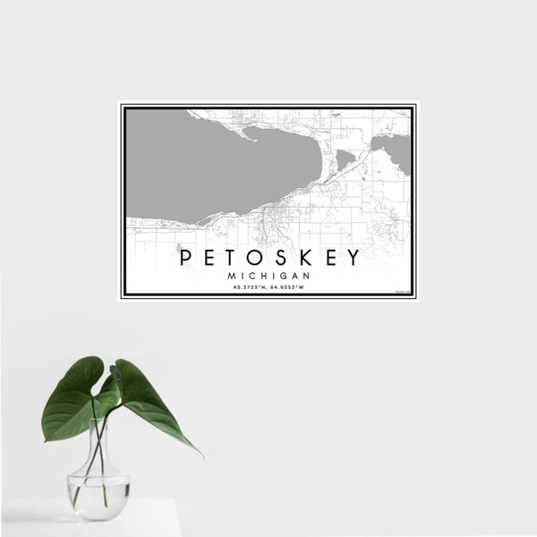 16x24 Petoskey Michigan Map Print Landscape Orientation in Classic Style With Tropical Plant Leaves in Water