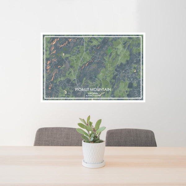 24x36 Pignut Mountain Virginia Map Print Lanscape Orientation in Afternoon Style Behind 2 Chairs Table and Potted Plant