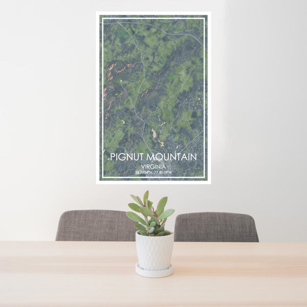 24x36 Pignut Mountain Virginia Map Print Portrait Orientation in Afternoon Style Behind 2 Chairs Table and Potted Plant