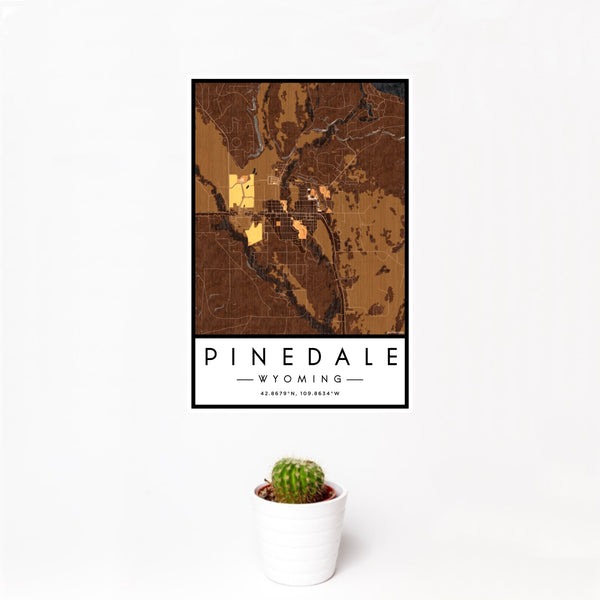12x18 Pinedale Wyoming Map Print Portrait Orientation in Ember Style With Small Cactus Plant in White Planter