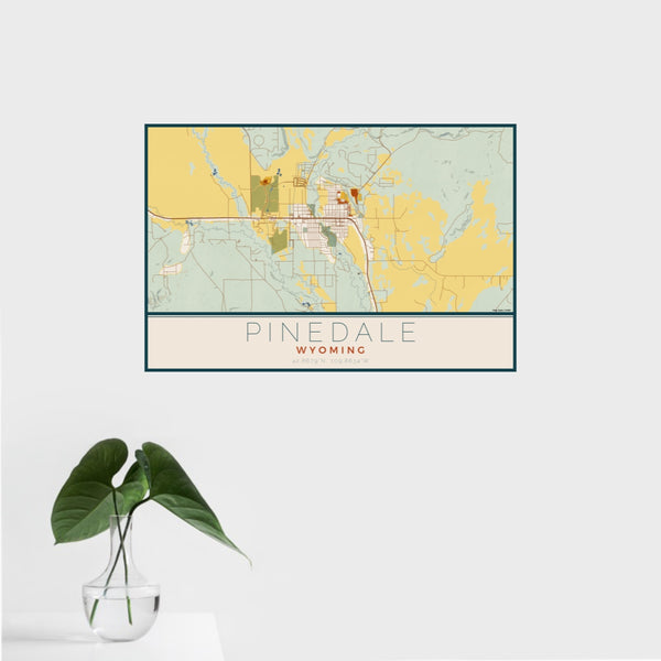 16x24 Pinedale Wyoming Map Print Landscape Orientation in Woodblock Style With Tropical Plant Leaves in Water